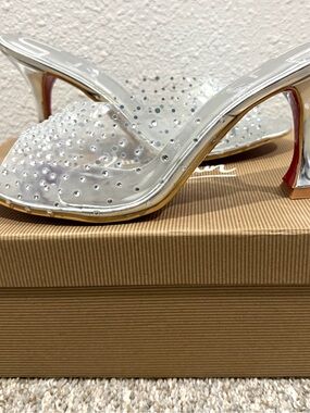 Clear Crystal-Embellished Slide Mules with Red Soles heels